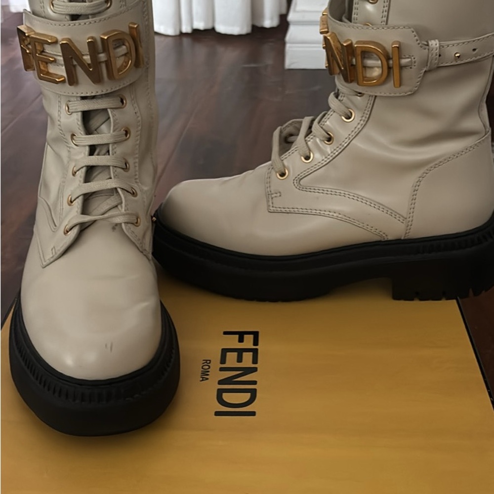 Fendi Beige Combat Boots with Black Soles